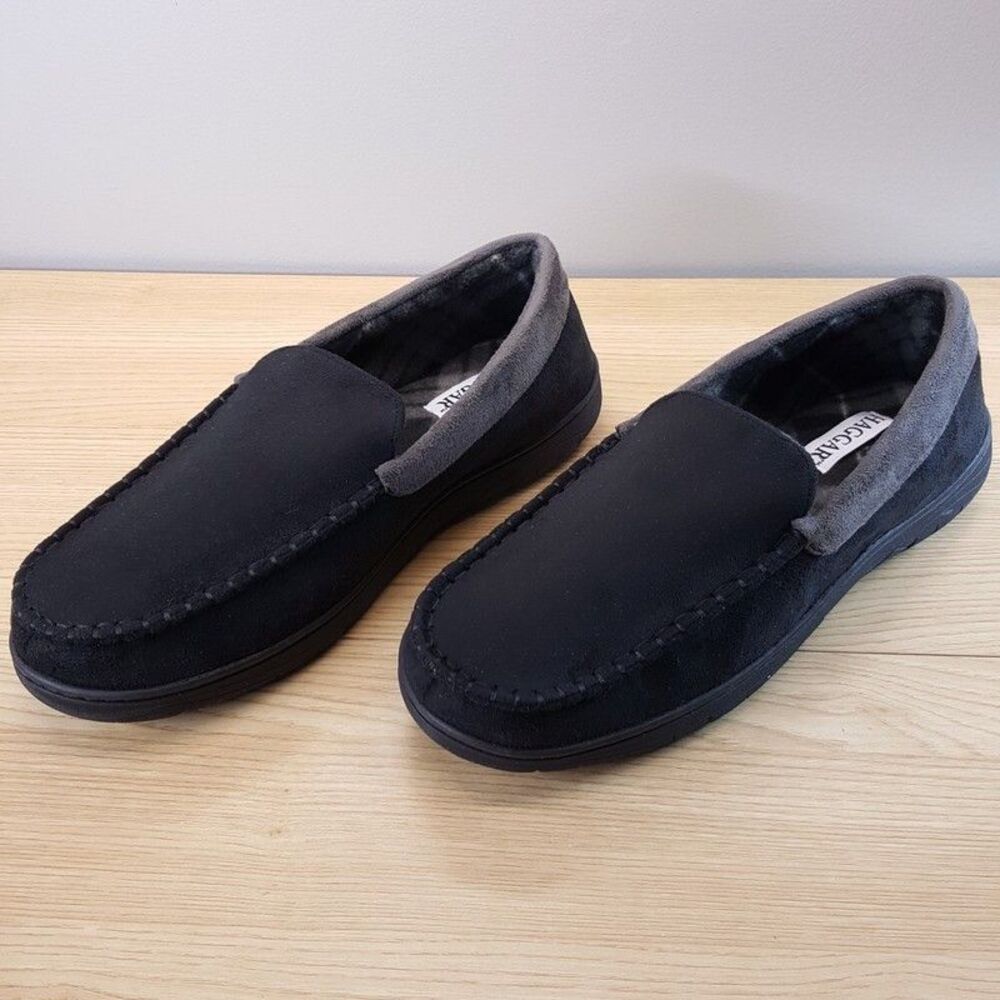 HAGGAR Moccasin Slippers Mens Size 9.5 10.5 Black Microsuede Fleece Comfort